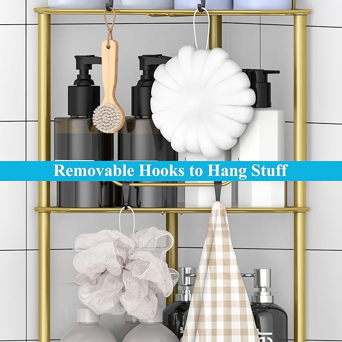 HuggieGems 5 Tier Floor Standing Corner Shower Caddy Organizer Shelf with Hooks, Bathroom Shelves Stand Rack, Gold