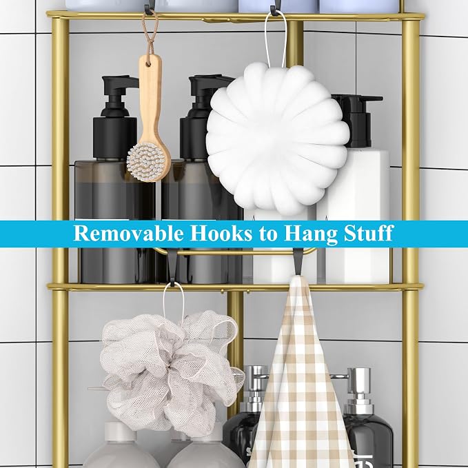 HuggieGems 3 Tier Floor Standing Corner Shower Caddy Organizer Shelf with Hooks, Bathroom Shelves Stand Rack, Gold
