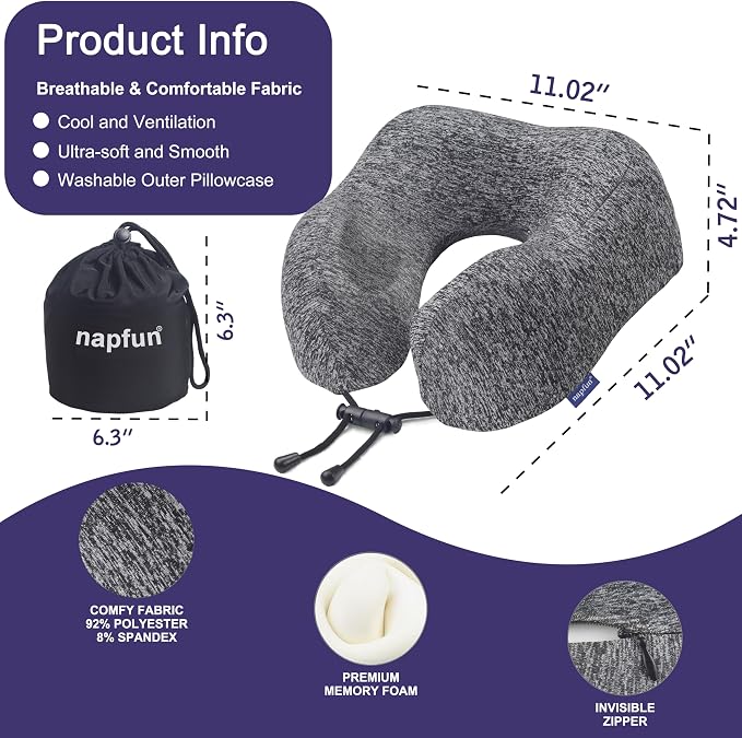 napfun Neck Pillow for Traveling, Upgraded Travel Neck Pillow for Airplane 100% Pure Memory Foam Travel Pillow for Flight Headrest Sleep, Portable Plane Accessories, Full Grey