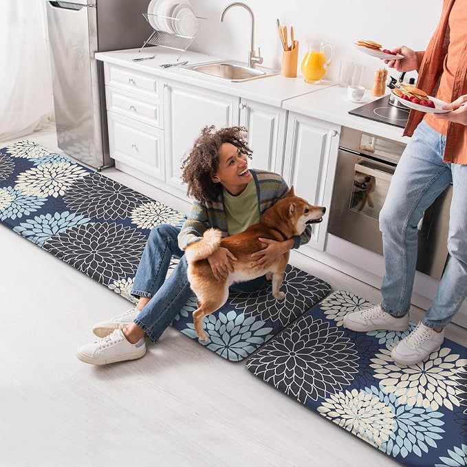Anti Fatigue Kitchen Mats,Non Slip Farmhouse Kitchen Rugs Sets 2 Piece,Waterproof Dahlia Floral Kitchen Mat for Floor,Cushioned Standing Mat for Kitchen,Laundry,Sink,Desk,Mutil-Blue