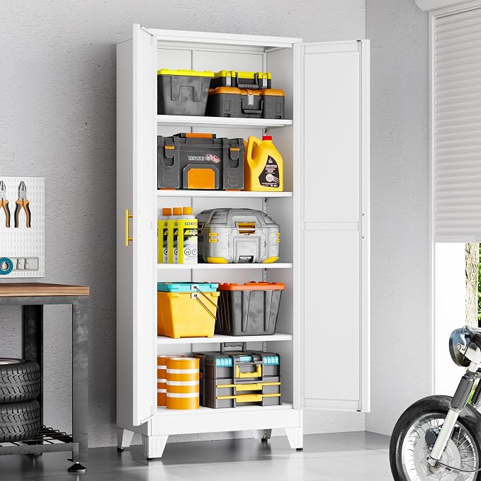 71" White Metal Garage Storage Cabinet with 2 Doors and 4 Adjustable Shelves,Kitchen Pantry Cabinet,File Cabinet,Steel Tool Cabinet for Home,Office,Garage,School,Warehouse