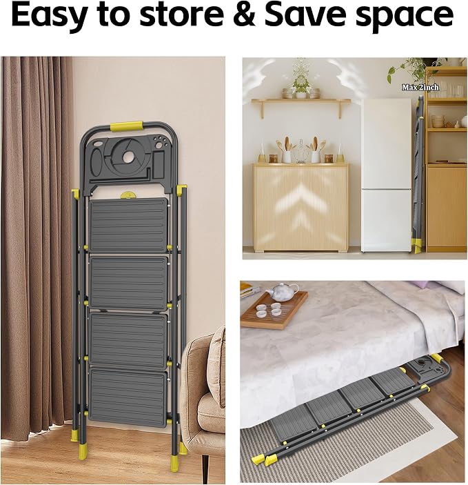 4 Step Foldable Step Ladder with Mutifunctional Tool Tray, Platform Ladders Stepstools, Step Stool 4 Step Folding with Non-Slip Pedals, 800lbs Bearing Capacity for Adults, Home, Kitchen, Black Yellow