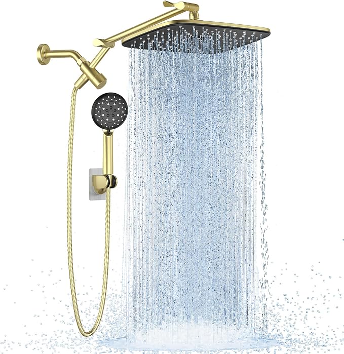 Veken 11.8" Rain Shower Head with Handheld, High Pressure Handheld Shower with Multi Spray Modes, Rainfall Combo with Metal Extension Arm, Detachable Dual Showerhead, Bathroom Decor, Gold
