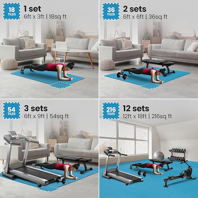 bemaxx Gym Mats Set - 18 pcs EVA Interlocking Foam Floor Tiles (12.6"x12.6"x0.4") 18sqft Protective Gym Flooring Sports Home Workout Exercise Mats Puzzle Garage Fitness Play-Room Pool Treadmill Bike