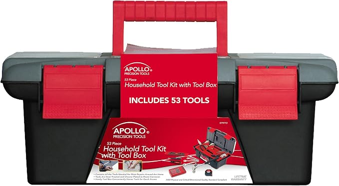 Apollo Tools 53 Piece Household Tool Set Includes Tools and Tool Box with a Selection of Most Needed Tools for Basic DIY Repairs, Maintenance and Crafts - Red