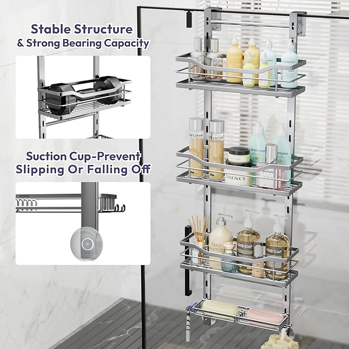 SWTYMIKI Over the Door Shower Caddy - 4 Tier Adjustable Shower Organizer Hanging with Soap Holder, No Drilling Stainless Steel Bathroom Rack Hanging for Body Wash, Shampoo, Soap, Razor, Silver
