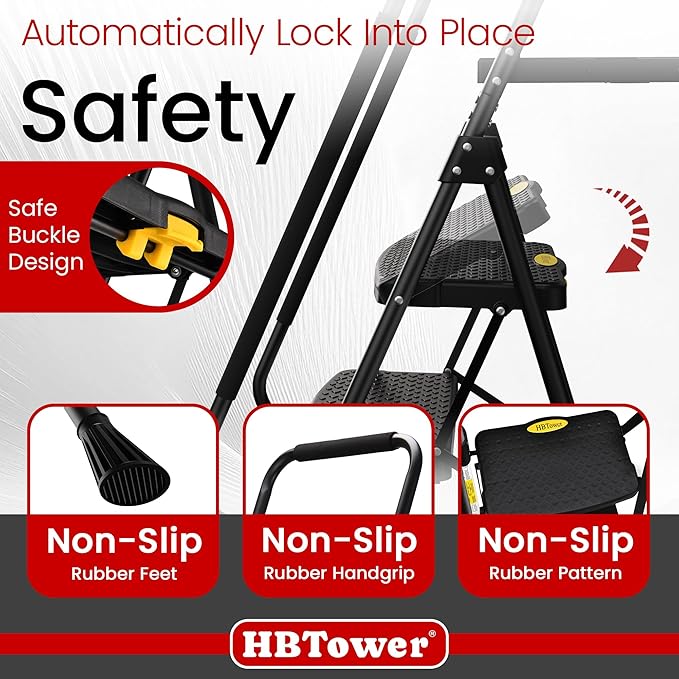 HBTower Step Ladder, 5 Step Ladder for Adults with Wide Anti-Slip Pedal, Step Stool Foldable with Handrails & Tool Tray, 330 Capacity for Home and Kitchen, Black