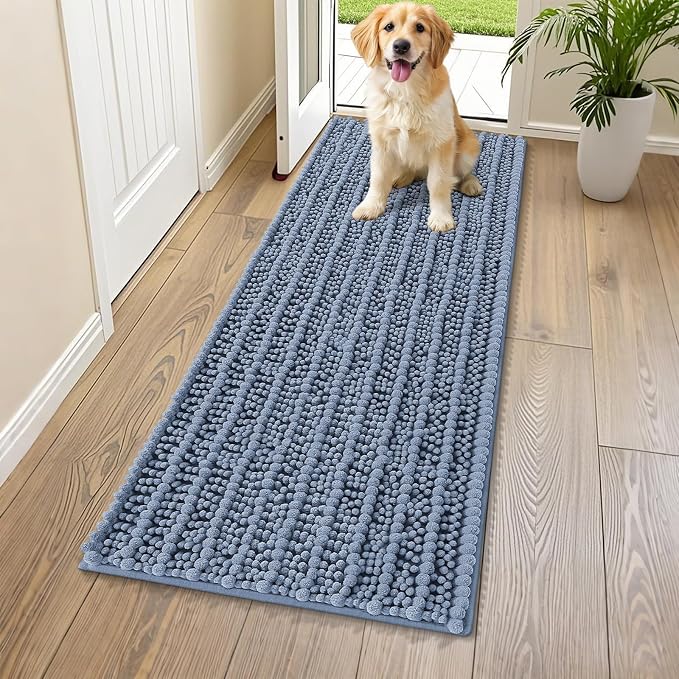 Smiry Dog Door Mat for Muddy Paws 59x24, Absorbent Dirt Trapper, Non-Slip Washable Chenille Entryway Rug for Inside Floor, Airy Blue, Layered Pattern