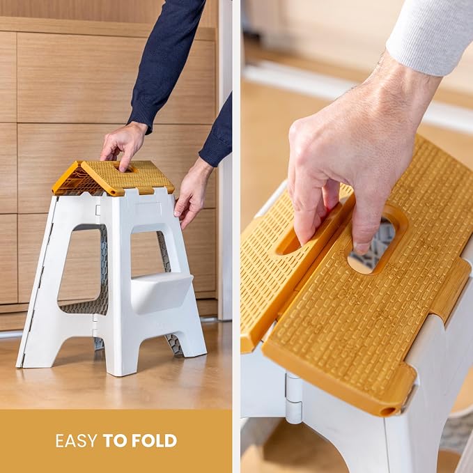 Vigar Compact Folding Step Stool - 16 Inch 2 Step Foldable Step Stool for Adults, Lightweight Portable Stool with Handle, Non Slip Step Stool, Space-Saving Stool up to 330 lb - Grey, Bamboo Print Top