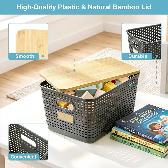 Bagnizer 2 Pack Tall Plastic Storage Bins with Bamboo Lids, 10.8qt Stackable Storages Baskets for Organizing Desktop Closet Playroom Classroom Office, 12"L x 8.3"W x 6.1"H, Gray