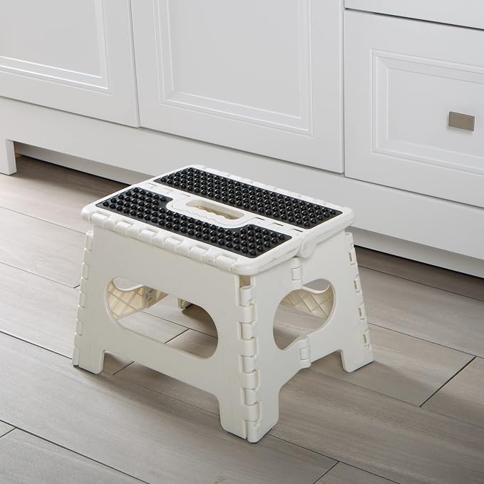 Simplify 9 Inch Ant-Skid Folding Step Stool | Collapsible | 200 Pound Capacity | Durable | Portable | Kitchen | Bathroom | Garage | White