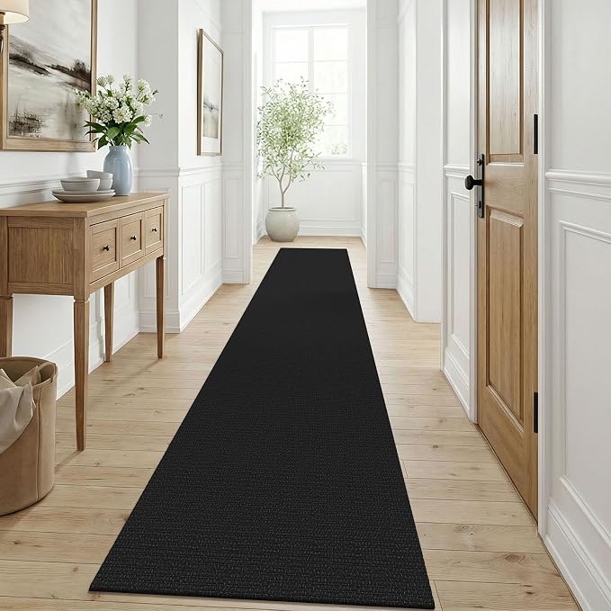 KOZYFLY Black Runners for Hallway 3x9, Wide Washable Runner Rug, Woven Non Slip Kitchen Runner, Braided Entryway Rug, Floor Carpet for Foyer, Bedroom, Hall, Black/Dark Grey