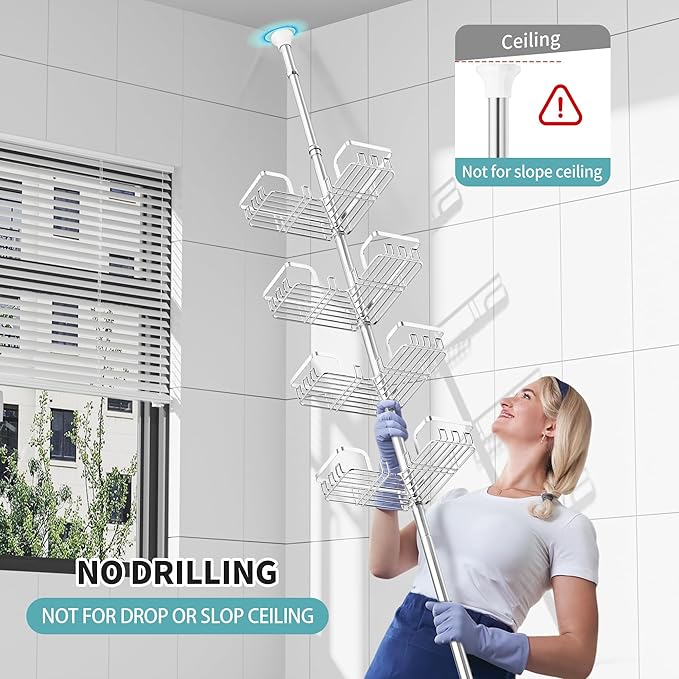 KEGII Shower Caddy Tension Pole – Corner Rustproof Bathroom Organizer with Soap Holder & Hooks, No-Drill Adjustable Shower Shelf for Renters for Families & Renters, 25-114.2 Inch, Silver
