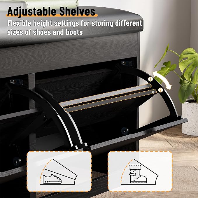 40" Shoe Storage Bench with Flip Drawers Padded Seat Cushion, Shoe Cabinet with Lift Top Storage Box, Shoe Bench Shoe Organizer for Entryway, Hallway, Living Room, Black