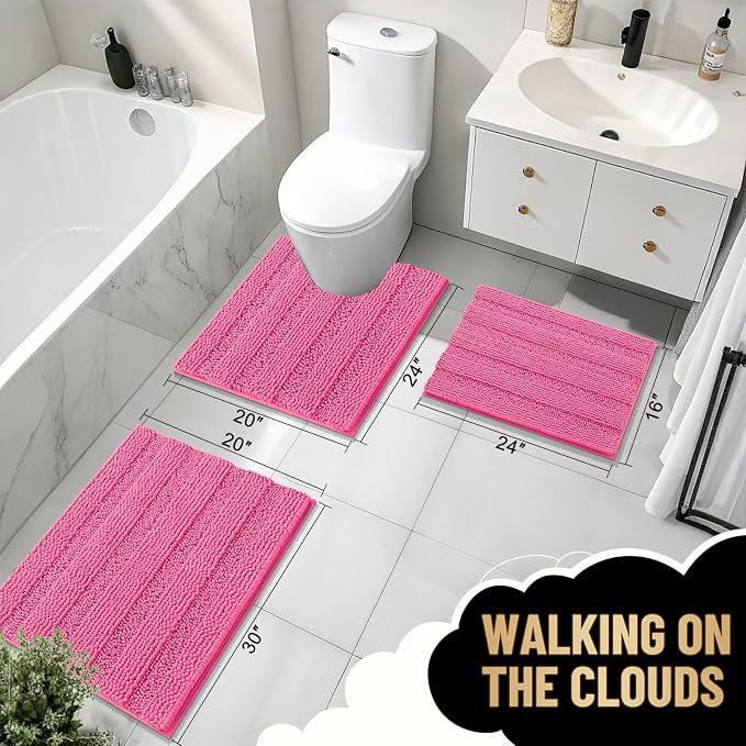 OLANLY Thick Bathroom Rugs 36x24, Extra Soft Absorbent Chenille Striped Bath Rugs, Rubber Backing, Machine Wash Dry, Bath Mats for Bathroom Floor, Tub and Shower, Home Decor Accessories, Hot Pink