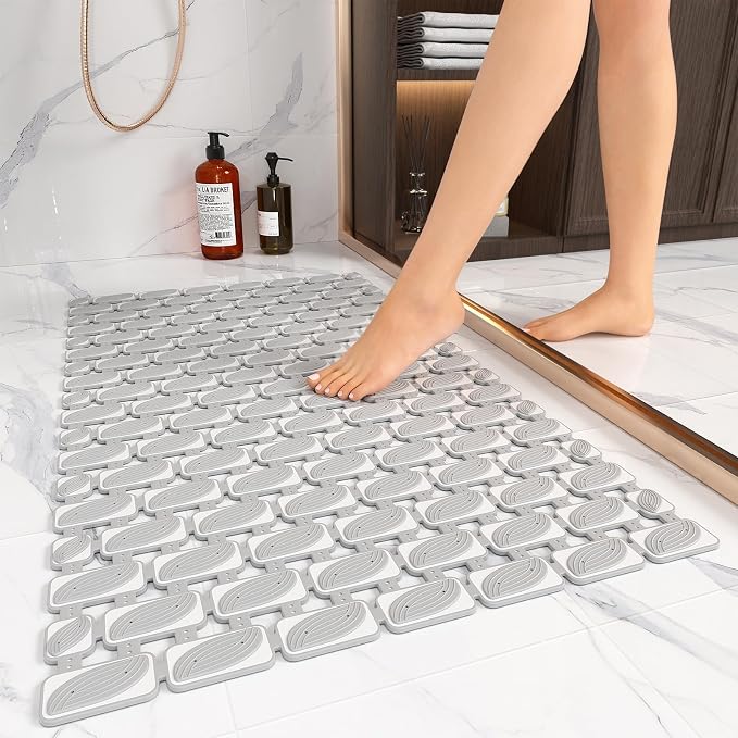 XIYUNTE Shower Mat Non Slip Bathtub Mat - 27 x 16Inches Soft Rubber Bath Mat for Tub Non Slip Bath Mat with Suction Cups and Drain Holes, Easy to Clean, Easy to Cut, Eco-Friendly, Grey