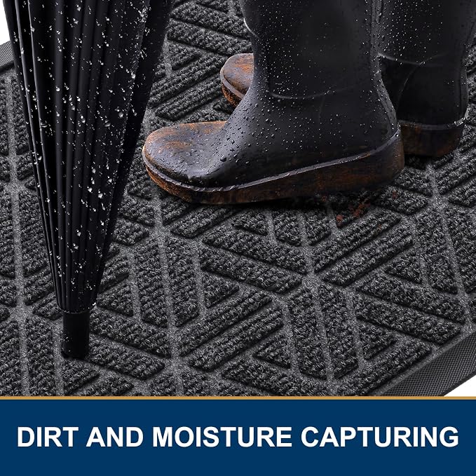 Smiry Front Door Mat Outside Entrance, Heavy Duty Sturdy Natural Rubber Doormat, Trap Dirt and Moisture, Easy Clean Low Profile Mats for Indoor Outdoor Entry, Grid Geometric (35x23, Grey)