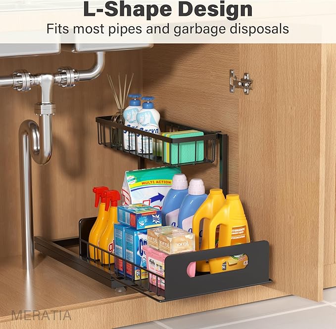 Under Sink Organizer 2 Tier, Pull Out Drawer Slides Under Sink Storage for Bathroom Kitchen,Multi-Purpose Drawer Under Cabinet Organizer for Cleaning Supplies (Black, 1 Pack)