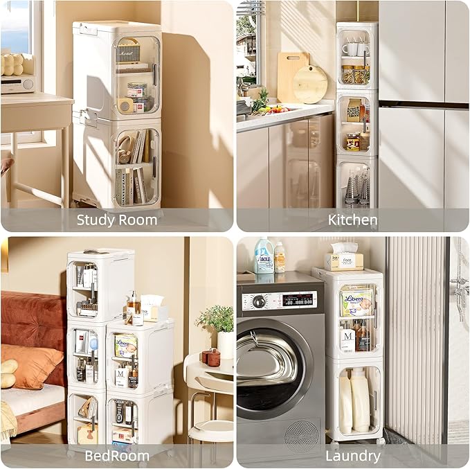 JOYZAN Narrow Bathroom Storage Cabinet with Movable Wheels, Slim Storage Cabinet with 2 Doors & Removable Panel, Skinny Bathroom Organizers and Storage for Small Space, Corner, Kitchen, Laundry