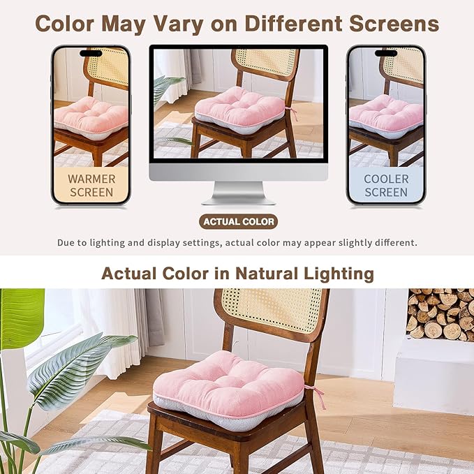 BETU Pink Chair Cushions for Dining Chairs Set of 6,3.5" Thick Kitchen Table Chair Pads with Ties,Non Slip Backing and Covers, Seat Cushion for Dining Room,Bar,Patio Chairs,15.5"X15.5"X3.5",Pink
