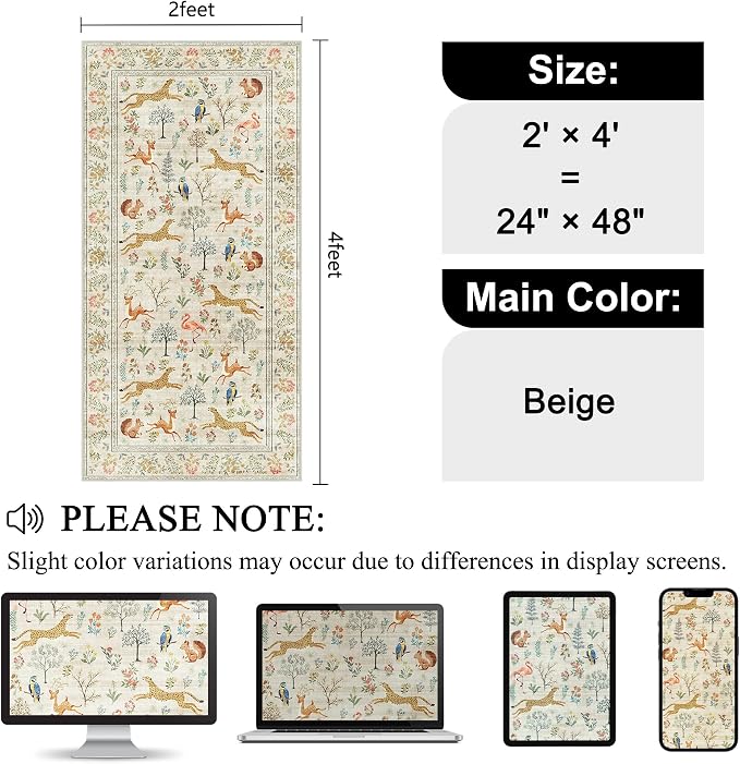 DUKINO 2x4 Rug for Hallway, Washable Kitchen Runner Rug with Non Slip Backing, Soft Low Pile Vintage Animal Runner for Bedroom, Kitchen, Hallway, Entryway, Laundry, Beige