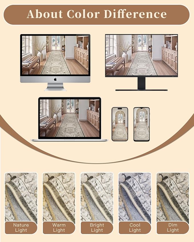 Madane Hallway Washable Runner Rug - 2x10 Kitchen Rugs Entryway Rug Runner Vintage Soft Floor Mat Non Slip Indoor Farmhouse Carpet for Bathroom Living Room Bedroom (2 X 10, Ivory/Brown)