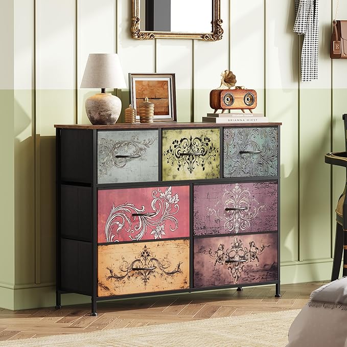 WLIVE 7 Drawer Dresser TV Stand, Entertainment Center, Media Console Table with Metal Frame and Wood Top for TV up to 45 inch, Chest of Drawers for Bedroom, Living Room, Pattern