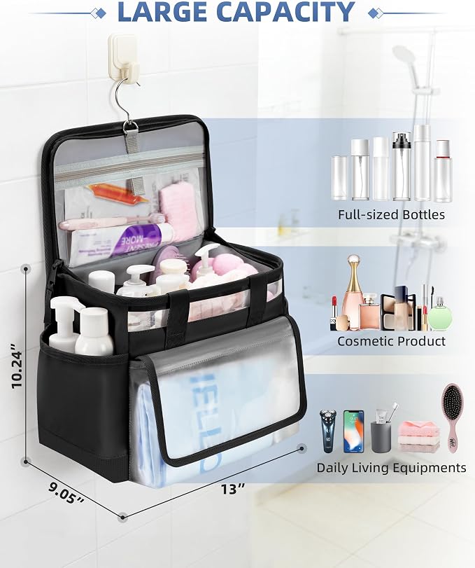 Marscamd Hanging Shower Caddy Organizer Bag for Travel with Hanging Hook, Quick Dry Mesh Bathroom Caddy Toiletry Bag with Handle for College, Dorm, Gym, Camping, Black