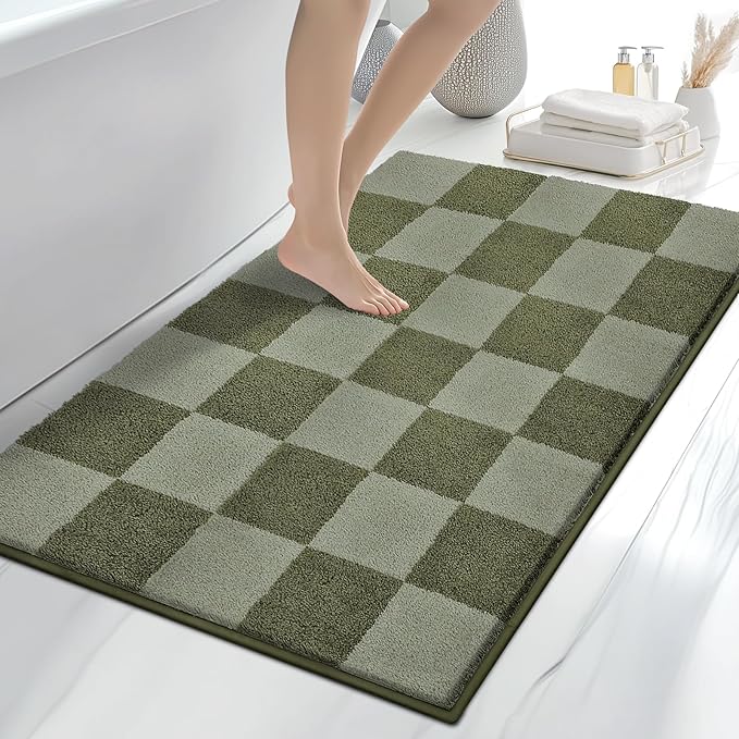 anllugs Bathroom Rugs 30" x 46", Non-Slip Extra Soft Absorbent Bath Rugs, Machine Washable Quick Dry Bath Mats for Bathroom Floor, Shower, Bathtub and Sink, Checkered Budding Green & Sage Green