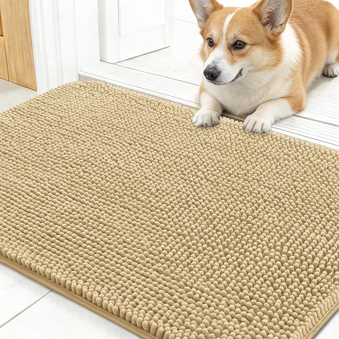 OLANLY Dog Door Mat for Muddy Paws 24x16, Absorbs Moisture and Dirt, Absorbent Non-Slip Washable Doormat, Quick Dry Chenille Mud Mat for Dogs, Entry Indoor Entryway Carpet for Inside Floor, Beige