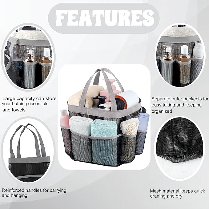 Attmu Mesh Shower Caddy Portable, Quick Dry Hanging Shower Tote Bag for College Dorm Room Essentials, Large Capacity Shower Caddy Dorm for Bathroom Gym Swimming