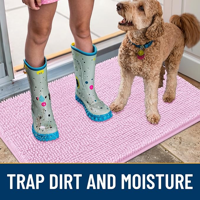 Smiry Dog Door Mat for Muddy Paws 30x20, Absorbent Dirt Trapper, Non-Slip Washable Chenille Entryway Rug for Inside Floor, Pink, Classic Solid