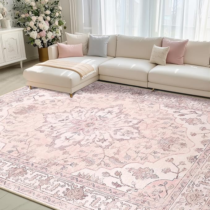 RELEANY Area Rugs 8'x10' Washable Non-Slip, Floral Vintage Distress Medallion Carpet for Living Room Bedroom Dining Room, Pink Greypink Cute