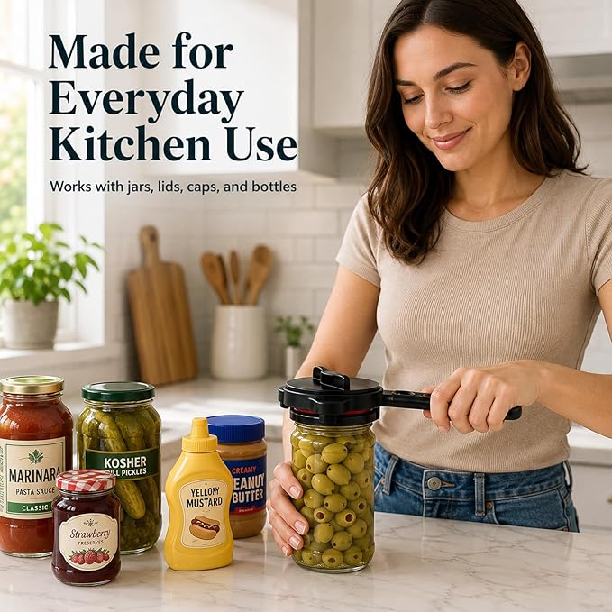 2 in 1 Adjustable Jar Opener for Seniors, Effortless Stainless Steel Lid Opener for Weak Hands & Arthritis, Multi-Function Bottle and Cans Opener, Unique Father's Day Gifts for Men (1PC) (Black)