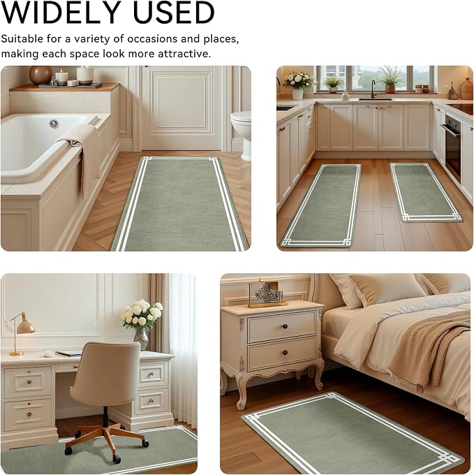 Sage Green Retro Elegance Frame Textured Kitchen Rug Sets [2 PCs], Anti-Fatigue, Waterproof Non-Slip Kitchen Mats Heavy Duty Comfort Foam Rug for Kitchen, Floor, Laundry,17"x29"+17"x47"