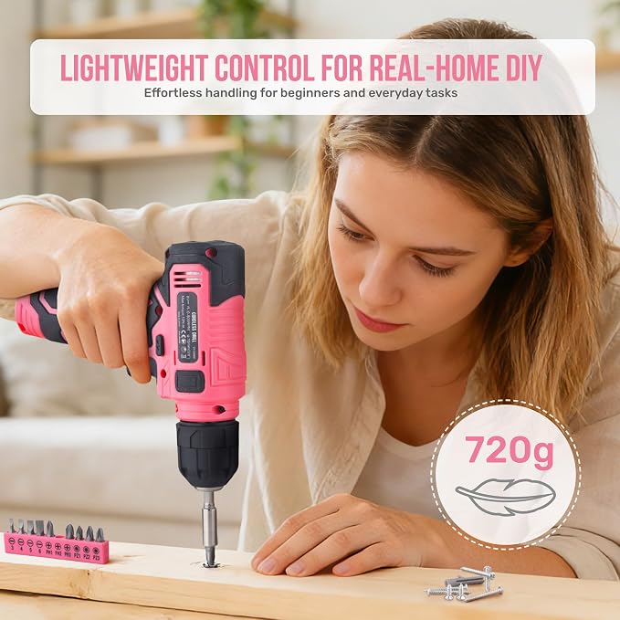 Hi-Spec Pink Tool Set with 8V Drill Set. Complete Cordless & Rechargeable USB Electric Drill Driver Kit for Women, Home DIY Repair & Maintenance, in a Compact Toolbox.