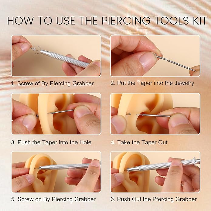 GEMQUEEN Piercing Taper Ball Grabber Tool for Changing Jewelry - 14G 16G 18G 20G Stainless Steel Flat Back Earrings Applicator Tool Threadless Insertion Pin Thread Body Piercing Kit for Ear Nose Lip