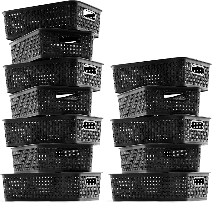 [ 12 Pack ] Plastic Storage Baskets, Small Pantry Organization and Storage Bins, Household Organizers for Laundry Room, Bathrooms, Kitchens, Cabinets, Countertop, Under Sink or Shelves, Black