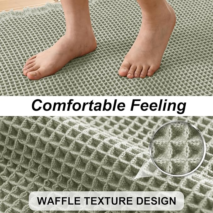 JIUZHEN Set of 2 Waffle Bath Mats Super Absorbent Boho Bath Rugs Non Slip Washable Bathroom Rugs Ultra Soft Machine Washable Shower Mats for Bathroom Floor, Tub, 16" x 24" +24" x 36", Sage Green