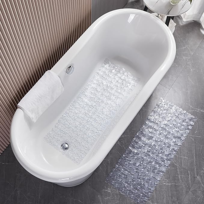 Webos Bath Shower Mat Non Slip: Extra Large Pebble Bathtub mat for Families, Anti Slip Shower Matt with Drain Holes Suction Cups Tub Mat - 16 X 40 Inch Clear