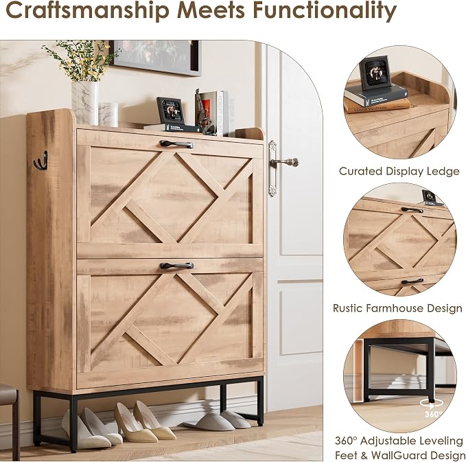 Nicetree Shoe Cabinet with 2 Flip Drawers，Freestanding Shoe Storage Cabinet, Narrow Shoe Organizer Cabinet, Farmhouse Slim Shoe Rack Cabinet for Entryway, Oak with Hook