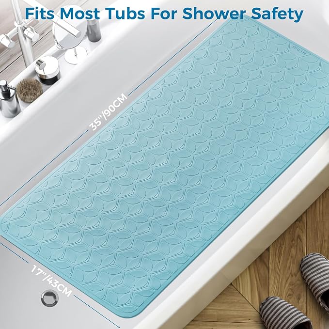 Bathtub Mat Non Slip with Suction Cups - 100% Rubber Bathroom Mat Textured for Bath Tub Shower Safety - Soft on Touch - BPA/PVC Free - Pet Dog Bath Mat - Machine Washable - 17 × 35 Inch（Blue）