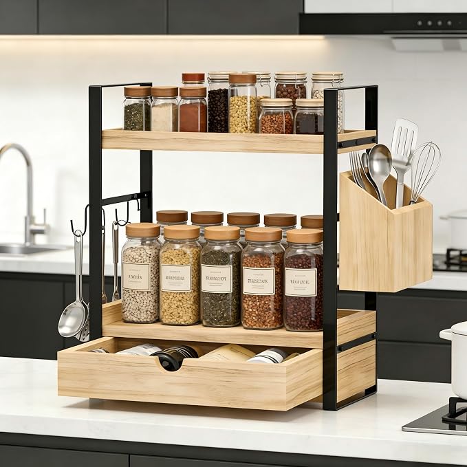 2-Tired Bathroom Counter Organizers and Storage, Bathroom Countertop Organizer with Drawer, Solid Wood Skincare Perfume Organizer for Vanity Kitchen Corner Shelf Office Countertop (Light Brown)