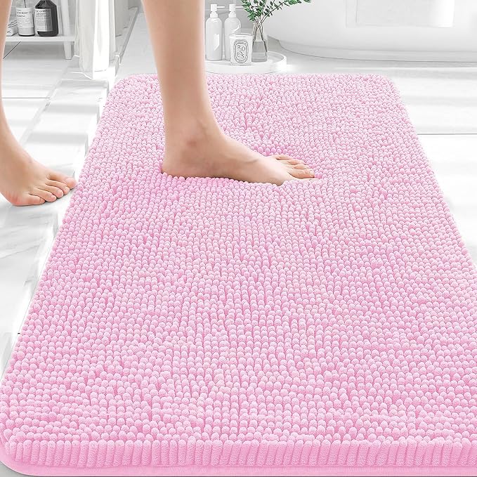 OLANLY Bathroom Rugs 35x24, Extra Soft Absorbent Chenille Bath Rugs, Rubber Backing Quick Dry, Machine Washable Bath Mats for Bathroom Floor, Tub and Shower, Home Decor Accessories, Pink