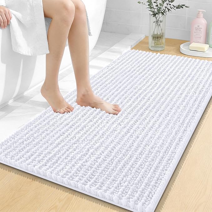OLANLY Bathroom Rug Mat 44x24, Thick Soft and Absorbent Chenille Bath Mat, Non-Slip Rubber Backing, Machine Washable Quick Dry Bath Rugs for Tub Shower Floor, Home Decor Accessories, White