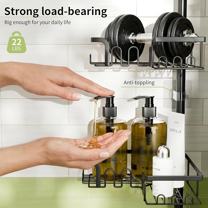 Corner Shower Caddy Tension Pole Adjustable 30.6-127.2 Inch, 4-Tier Rustproof Shower Organizer Shelf Rack, No-Drill Installation Bathroom Storage Shower Caddy Corner Pole, Black