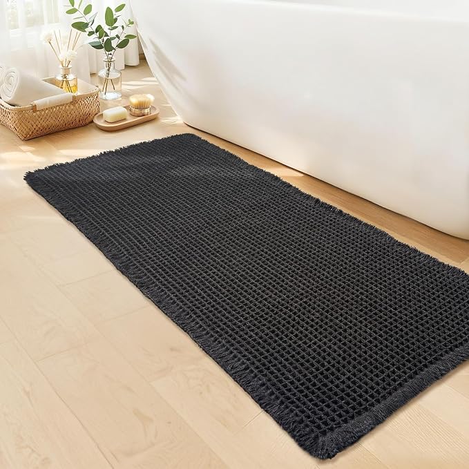 Black Long Bathroom Rug - Waffle Runner Bath Mat Non Slip Washable, Super Absorbent & Quick Dry, Boho Bath Mat Farmhouse Bathroom Decor, 24'' x 72'', Black