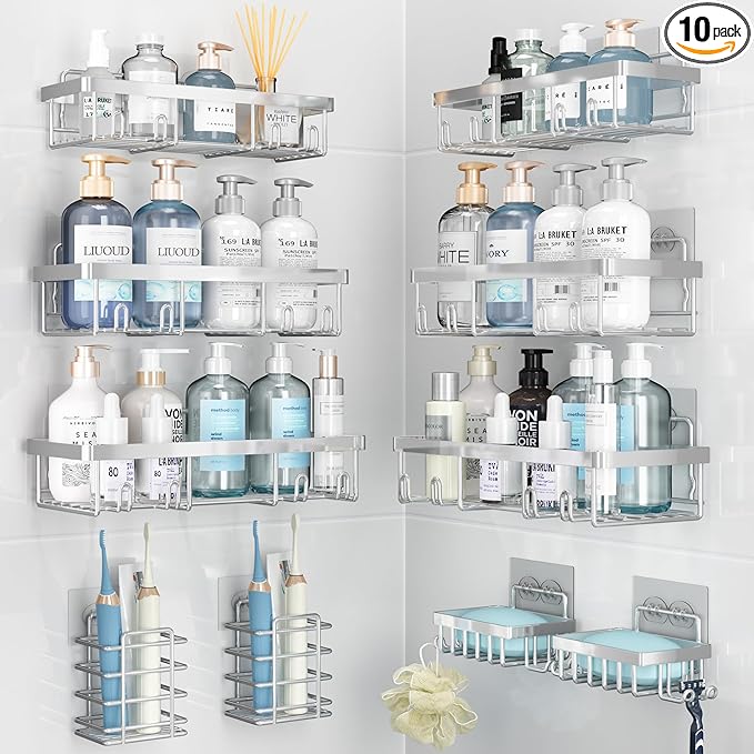 Liuoud 10 Pack Shower Caddy Organizer Rack Shelf for Inside Shower, Self Adhesive Wall Storage Basket Rustproof Stainless Steel Shampoo Holder Bathroom Accessory Decor Set, Silver