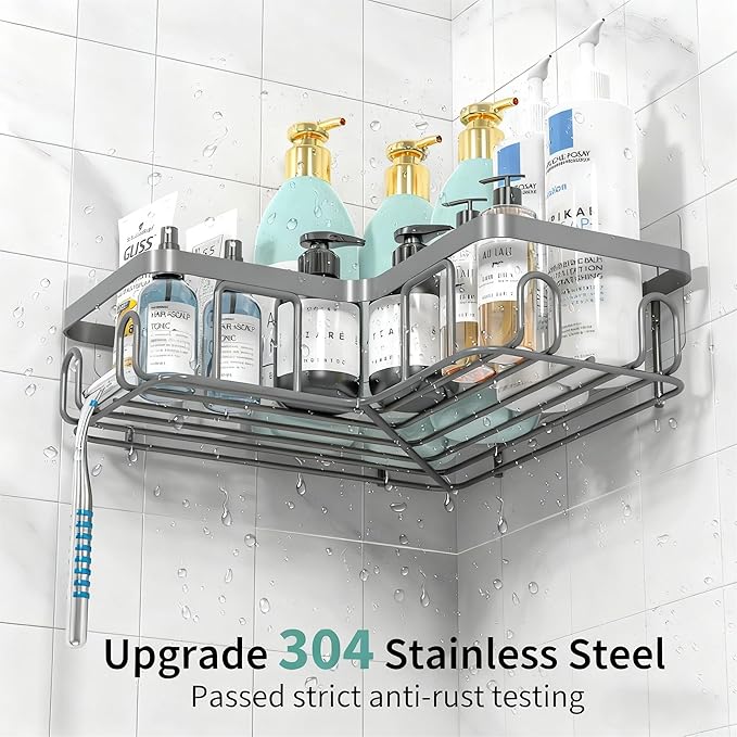 Moforoco Corner Shower Caddy Shelf Organizer Rack, Self Adhesive Grey Bathroom Shelves Basket, Home Wall Shower Inside Organization and Storage Decor RV Accessories, First Apartment Essentials