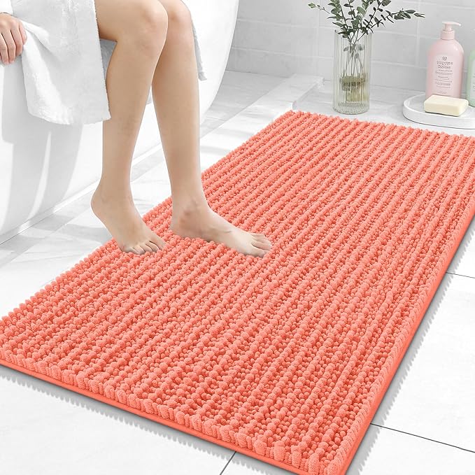 OLANLY Bathroom Rug Mat 44x24, Thick Soft and Absorbent Chenille Bath Mat, Non-Slip Rubber Backing, Machine Washable Quick Dry Bath Rugs for Tub Shower Floor, Home Decor Accessories, Coral